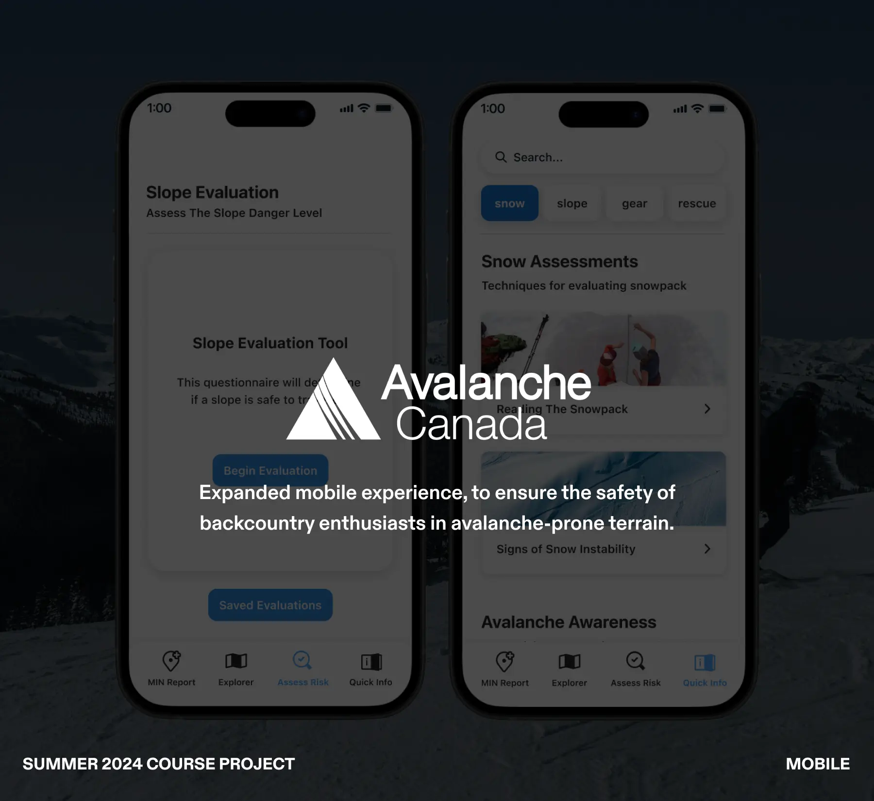 Avalanche Canada gif with background footage of a snowy mountain and two sample mobile UIs of the final product