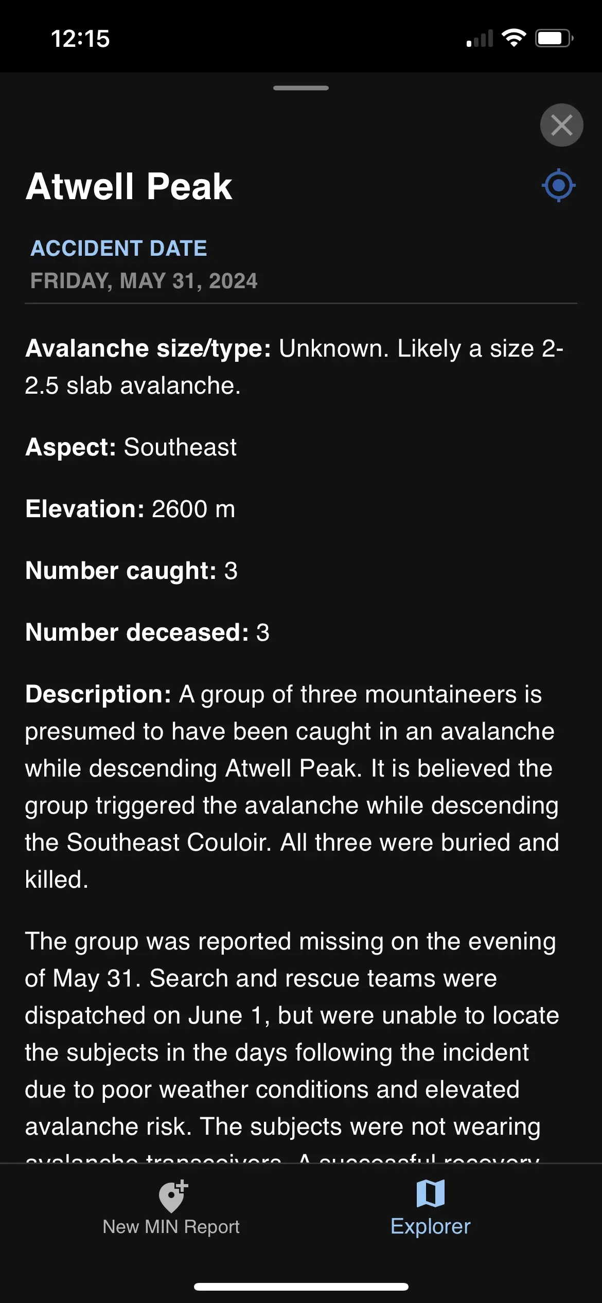 Second screen capture of the existing AvCan app - what the user sees when they select a specific region in the map