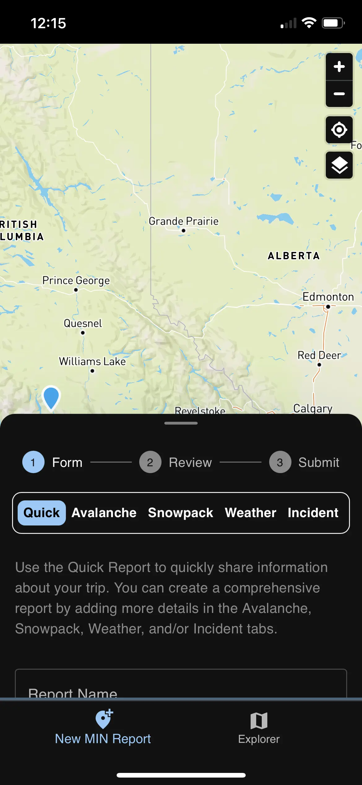 Third screen capture of the existing AvCan app - 'New MIN Report' feature