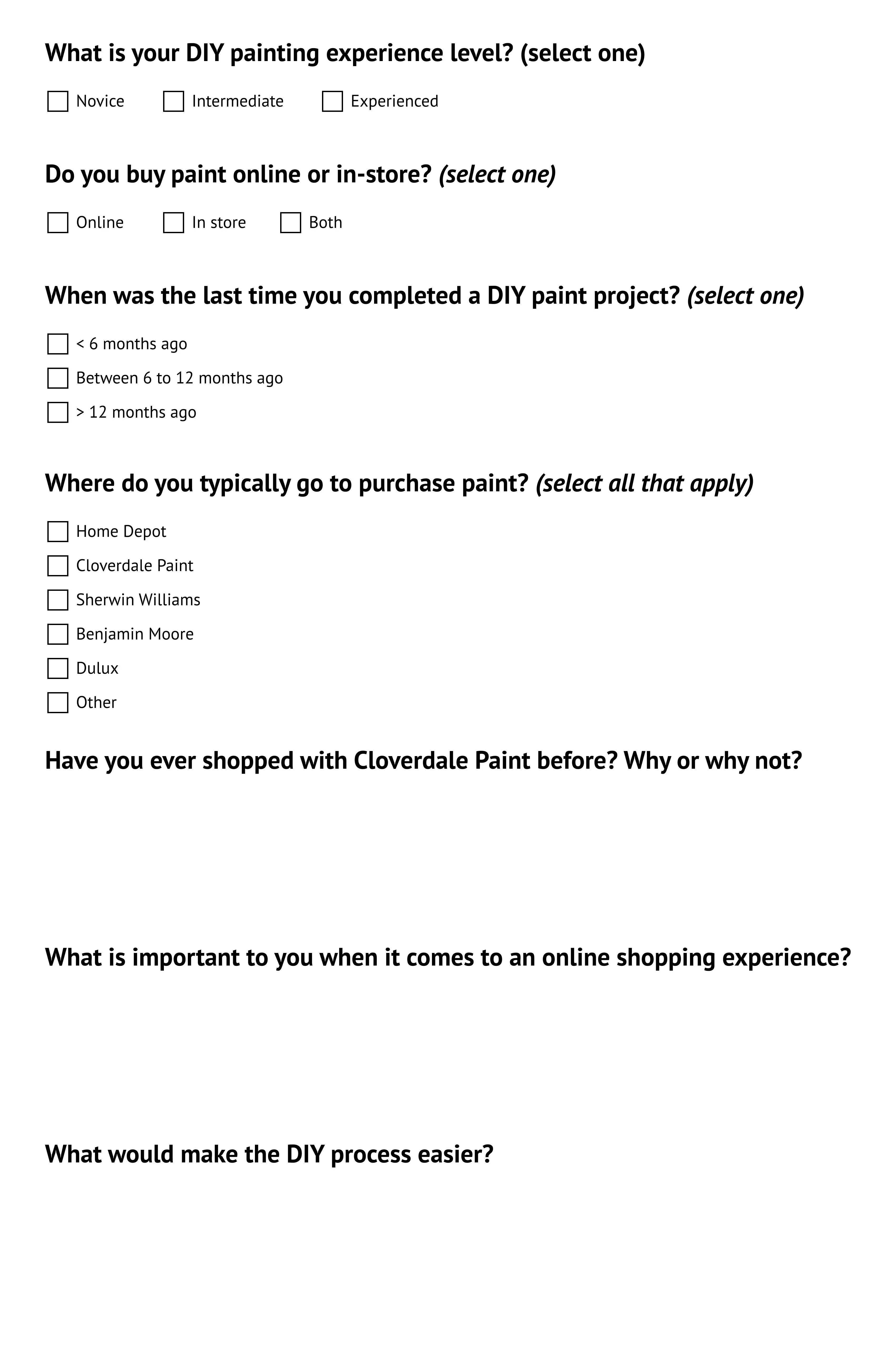 A list of the questions that were provided for the virtual questionnaire