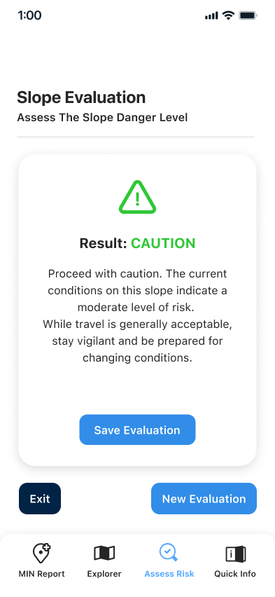 'Caution' rating per the results of the Risk Assessment questionnaire - derived from Avalanche Canada's Avaluator