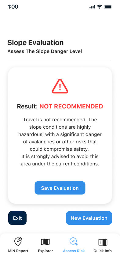 'Not Recommended' rating per the results of the Risk Assessment questionnaire - derived from Avalanche Canada's Avaluator