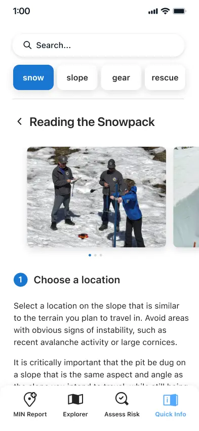 UI of the expanded 'Reading the Snowpack' card presenting information relevant to the 'Snow' category in the Quick Info section