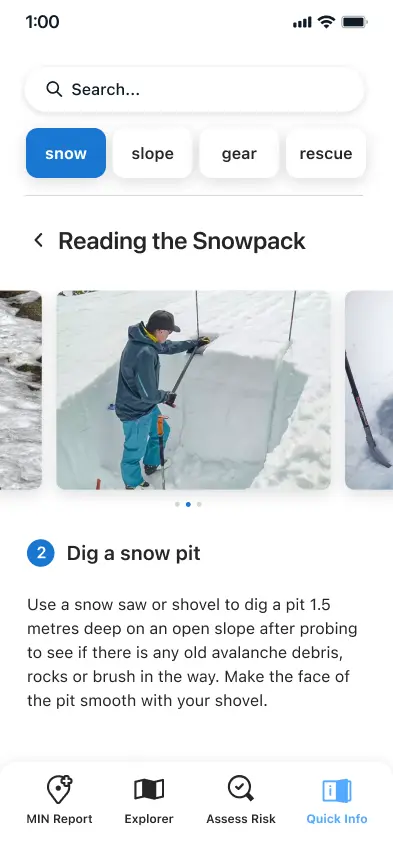 UI of the expanded 'Reading the Snowpack' card presenting information relevant to the 'Snow' category in the Quick Info section - the second carousel item